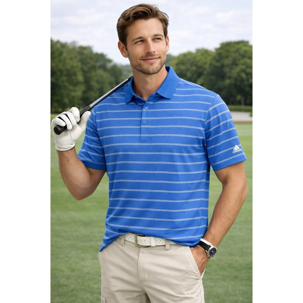 Adidas Puremotion Blue White Striped Jersey Shirt Sz L Mens Golf Polo Activewear